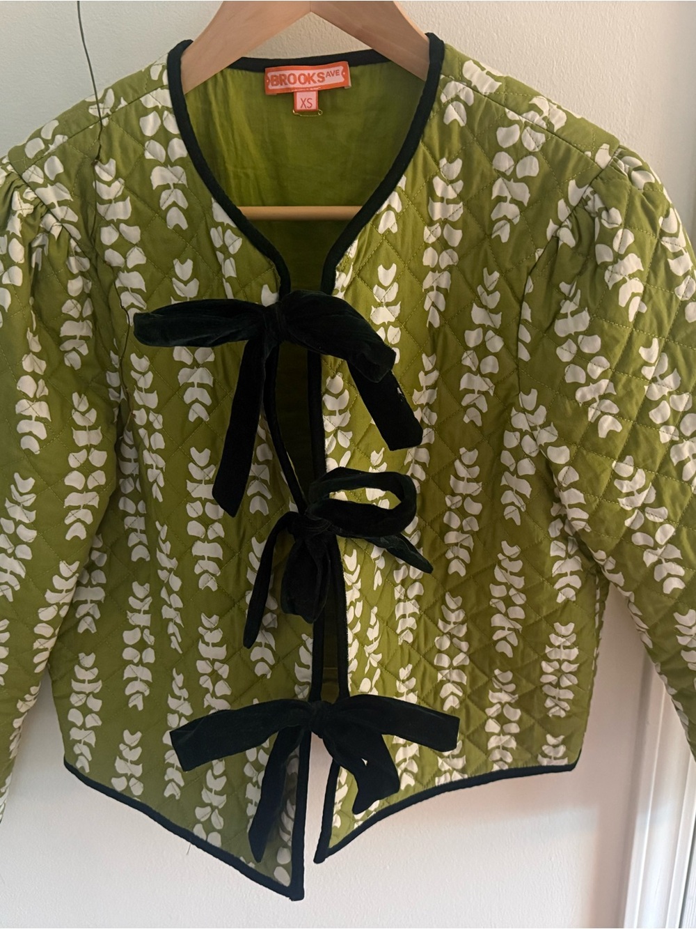 Brooks Olive Green and White Patterned Bow-Front Jacket with Black Trim